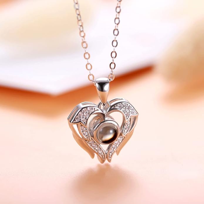 AILIN Custom I Love You Necklace 100 Languages 925 Sterling Silver Angel Wings Personalized Photo Projection Necklaces Heart Pendant Gifts For Women Her Girlfriends