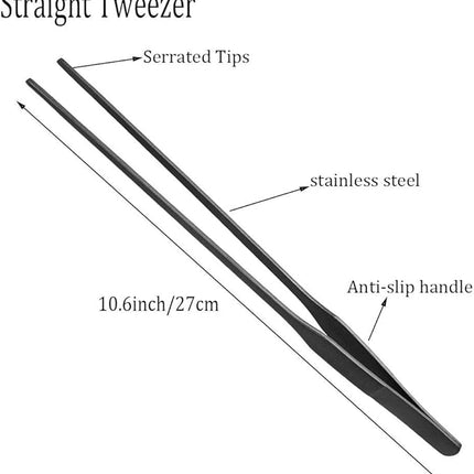 2PCS Aquarium Tweezers Stainless Steel Straight and Curved Tweezers Set Long Handle Reptile Feeding Tongs for Aquatic Plants Lizards Spider Snakes Garden Repairing - 10.6inch, Black