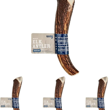 Amazon Brand - Wag Dog Elk Antler Chew, Naturally Shed, Whole, Medium 6-7.5 inches (Best for Dogs 15-30 lbs), 2.90 Ounce (Pack of 4)
