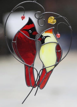 Cardinal Suncatchers Stained Glass for Windows Hangings,Male & Female Cardinal Stained Glass Sun Catchers, Red Love Birds Home Ornament,Gifts for Women