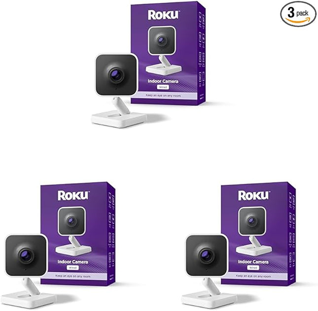 Roku Indoor Camera - Home Security - 3-Pack - Wired Security Camera & Pet Monitor with 1080p HD Color Night Vision, Works with Alexa & Google, Motion & Sound Detection, WDR & WiFi 6