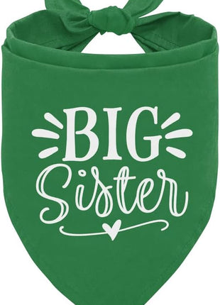 Big Sister Dog Bandana, Green, Triangle, 25 x 17 Inches, Flannel, Comfortable, Water Resistant, Geometric Pattern, Baby Shower, Unisex, Medium Dog Size, V-Neck, Machine Washable