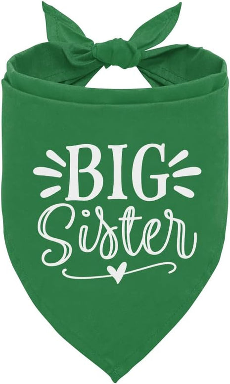 Big Sister Dog Bandana, Green, Triangle, 25 x 17 Inches, Flannel, Comfortable, Water Resistant, Geometric Pattern, Baby Shower, Unisex, Medium Dog Size, V-Neck, Machine Washable