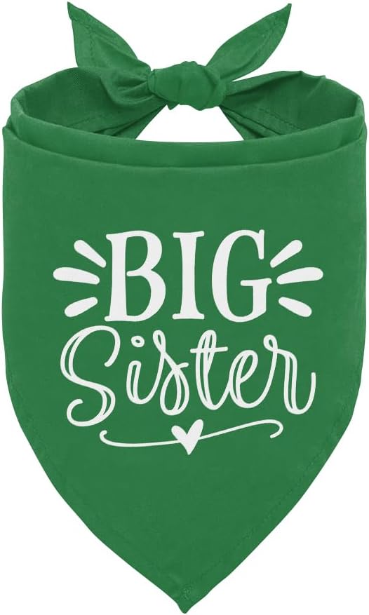 Big Sister Dog Bandana, Green, Triangle, 25 x 17 Inches, Flannel, Comfortable, Water Resistant, Geometric Pattern, Baby Shower, Unisex, Medium Dog Size, V-Neck, Machine Washable