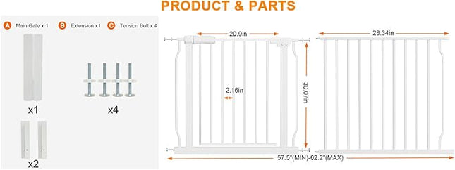 HOOEN Extra Wide Baby Gate for Stairs Doorways Hallways Tension Baby Gate Walk Through Child Gates for Kids or Pets Indoor Safety Gates 57.5-62 Inch
