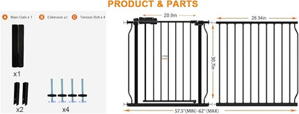 HOOEN 30" Tall Extra Wide Baby Gate for Stairs Doorways 57.5 to 62 Inch Large Long Dog Gates Tension Baby Gate Walk Through Child Gates for Kids or Pets Indoor Safety Gates
