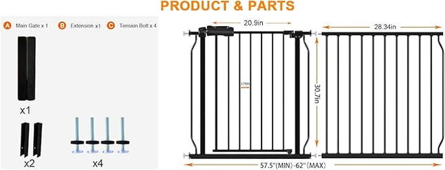 HOOEN 30" Tall Extra Wide Baby Gate for Stairs Doorways 57.5 to 62 Inch Large Long Dog Gates Tension Baby Gate Walk Through Child Gates for Kids or Pets Indoor Safety Gates