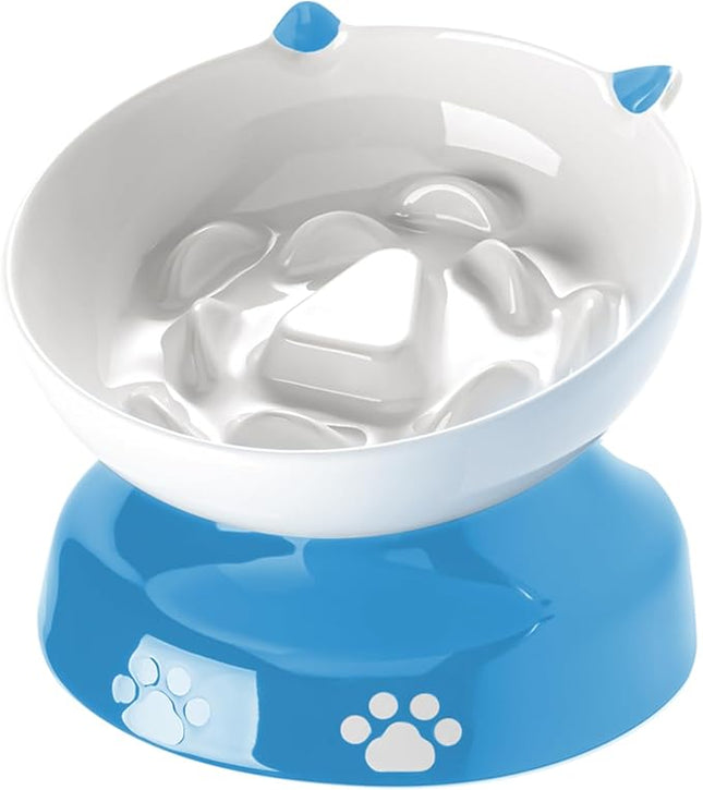 Y YHY Ceramic Slow Feeder Cat Bowl, Elevated Cat Bowl Tilted Design Slow Feeder for Dog and Cat for Dry and Wet Food, Blue