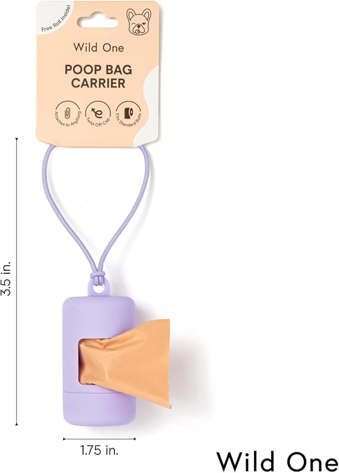 Wild One Dog Poop Bag Holder and Dispenser with Leash Attachment, Leak Proof, Easy Twist Top for Refills, Includes 1 Roll Poop Bags, Navy