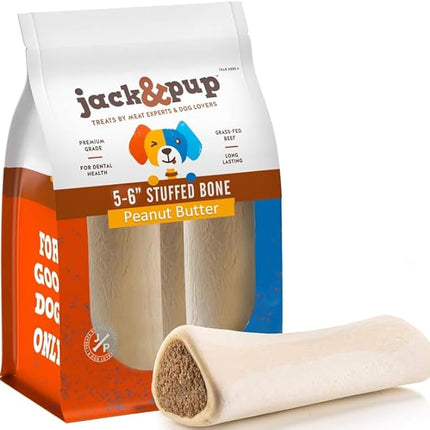 Jack&Pup 5-6" Filled Dog Bones for Large Dogs, Flavored Shin Dog Bones Long Lasting, Stuffed Bone for Dogs, High Protein, Peanut Butter Flavor - 3 Pack
