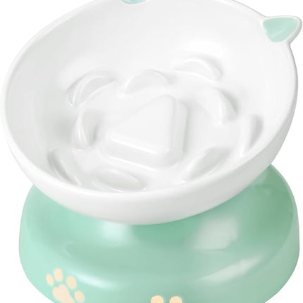 Y YHY Slow Feeder Cat Bowl, Ceramic Elevated Cat Bowl Tilted Design Slow Feeder for Dog and Cat for Dry and Wet Food, Green