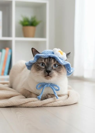Cat Part Hat with Ear Holes and Adjustable tie, Soft Polyester, Washable| Cute Flower Party Hat for Cats,BlueM,4–16 lbs, Holiday & Photo Outfit