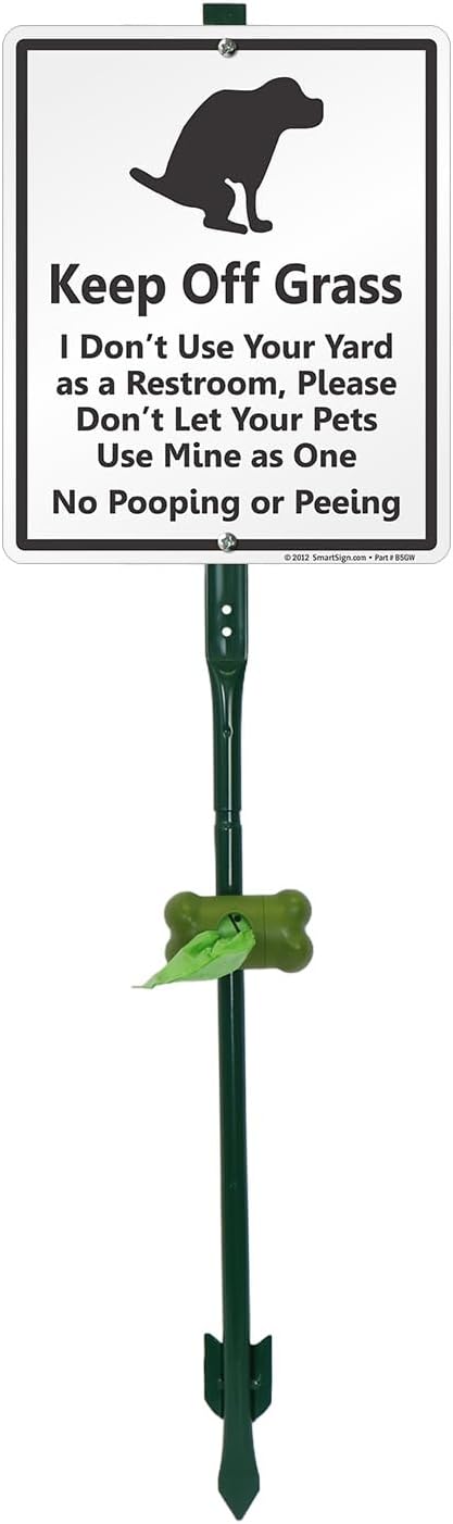 SmartSign Keep Off Grass - No Dog Pooping Or Peeing Yard Sign & Clip-On Plastic Dispenser Combo/Kit, 10"x12" Aluminum Sign with 3ft Stake, Compact Dispenser Preloaded with a 15 Dog Poop Bags Roll