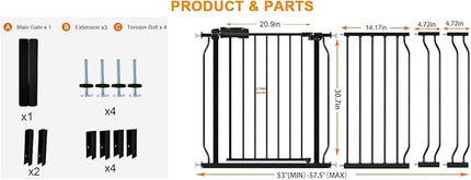 HOOEN 30" Tall Extra Wide Baby Gate for Doorways Stairs 53 to 57.5 Inch Large Long Wide Pressure Mounted Pet Dog Gate Walk Through Child Safety Gate with Extension Kit