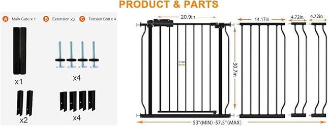 HOOEN 30" Tall Extra Wide Baby Gate for Doorways Stairs 53 to 57.5 Inch Large Long Wide Pressure Mounted Pet Dog Gate Walk Through Child Safety Gate with Extension Kit