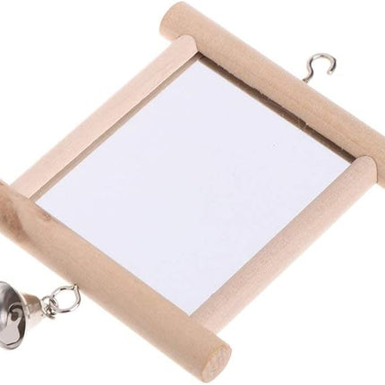 Bird Mirror Wooden Hanging Swing Interactive Play Toys for Small Parrot Budgies Macaw African Grey Parakeet Cockatiel Conure Lovebird Cage Accessories (Bird Mirror with Bell-2 PCS)