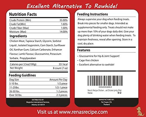 Rena's Recipe Chicken Fillet Sticks (8 Count) Rawhide Free Chicken Fillet Wrapped Chews with Glucosamine for Joint Health