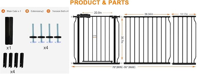 HOOEN 30" Tall Extra Wide Baby Gates 67 to 71.5 Inch Large Long Pressure Mounted Dog Gate for Doorways Stairs Child Safety Gates Tension Baby Gate Indoor Walk Through Gate for Kids or Pets