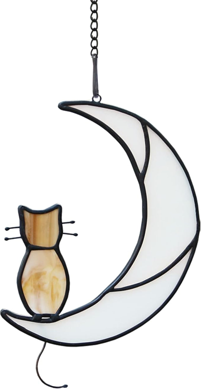 Orange Tabby Cat On Moon Stained Glass Window Hangings,Stained Glass Suncatcher Hanging Ornament Gift for Mom,Cat Memorial Gifts for Pet Lovers, Pet Loss Sympathy Gift (Yellow)