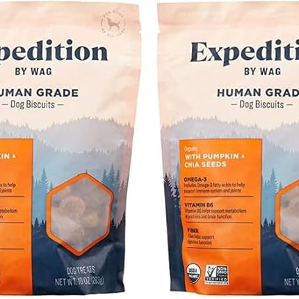 Amazon Brand - Wag Expedition Human Grade Organic Biscuits Dog Treats, Non-GMO, Gluten Free, Pumpkin & Chia Seed, 10oz (Pack of 2)