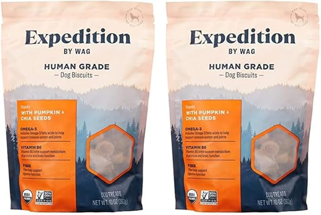 Amazon Brand - Wag Expedition Human Grade Organic Biscuits Dog Treats, Non-GMO, Gluten Free, Pumpkin & Chia Seed, 10oz (Pack of 2)