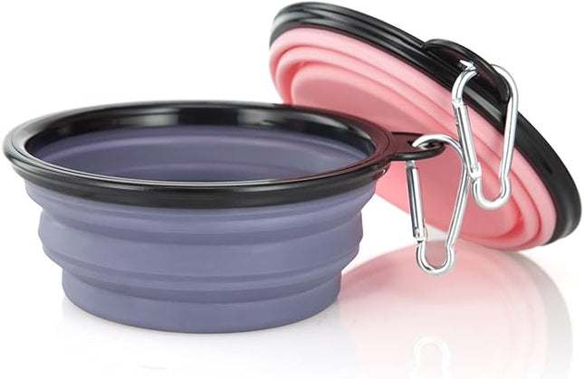 Dog Bowl Pet Collapsible Bowls, 2 Pack Collapsible Dog Water Bowls for Cats Dogs, Portable Pet Feeding Watering Dish for Walking Parking Traveling with 2 Carabiners (Small, Purple+Fairy Pink)
