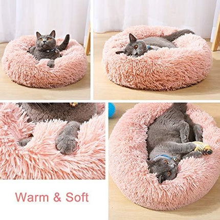 Large Cat Beds for Indoor Cats - Dog Beds for Small Medium Dogs, Anti Anxiety Round Fluffy Plush Faux Fur Pet Bed, Thick Bottom (Pink, Large 24" L x 24" W)