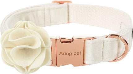 ARING PET Velvet Dog Collars, White Soft Pet Collar with Detachable Felt Flower Metal Buckle for Puppy Small Medium Large Boy Girl Dogs-L