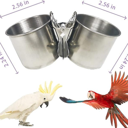 Texsens Bird Feeding Cups - Parrot Food Dish Stainless Steel Parrot Feeders Water Cage Bowls with Clamp Holder for Parakeet African Greys Conure Cockatiels Budgies Chinchilla Small Animal