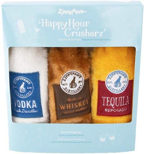 ZippyPaws Happy Hour Crusherz- Interactive Dog Toys to Keep Them Busy, Squeaky Plush Toy for All Breeds, Gift for Small, Medium, & Large Dogs, Drink Themed Crinkle Water Bottle Toy- 3-Pack of Spirits