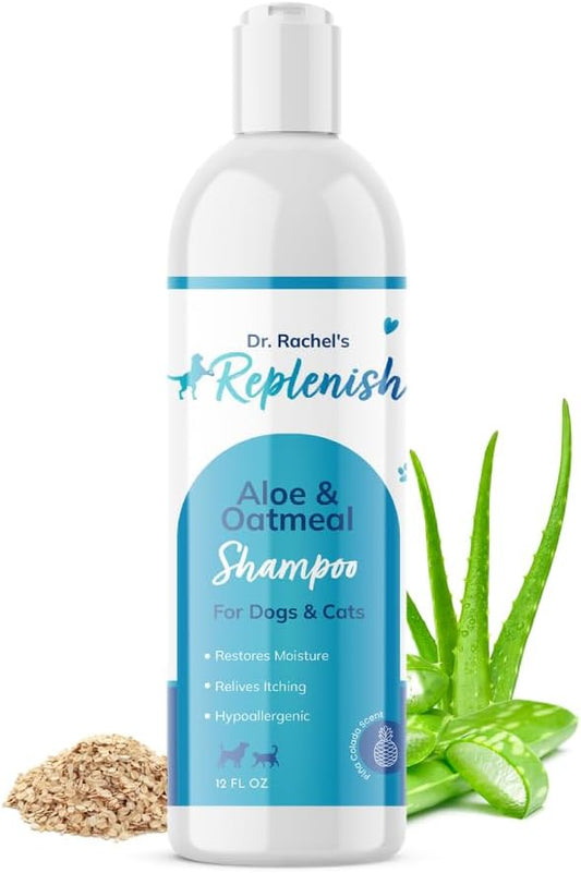 Replenish Aloe and Oatmeal Dog Shampoo - Hypoallergenic Pet Shampoo for Allergies & Sensitive Skin, Medicated Dog Shampoo for Itching Relief & Oatmeal Bath for Dogs Dry Flaky Skin Treatment – 12 Oz