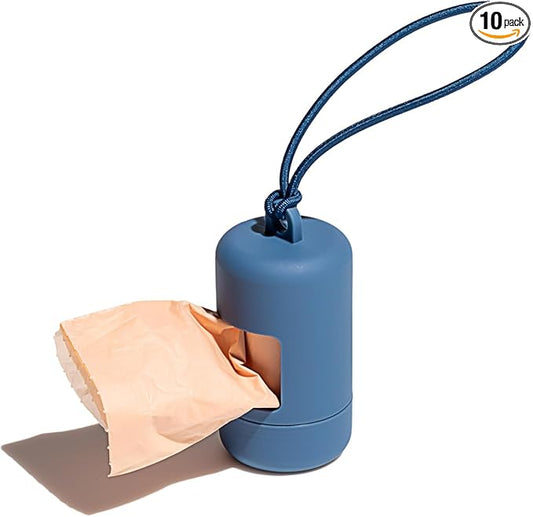 Wild One Dog Poop Bag Holder and Dispenser with Leash Attachment, Leak Proof, Easy Twist Top for Refills, Includes 1 Roll Poop Bags, Navy