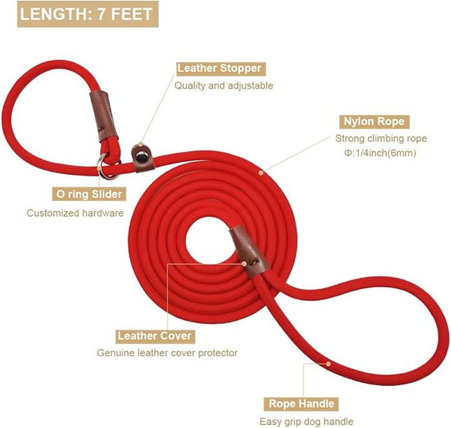BTINESFUL 7ft Slip Lead Dog Leash, Strong Nylon Rope Leash, 1/4" Dog Training Lead for Small Medium Dogs, 14+ Colors (1/4" * 7 FT, Red)