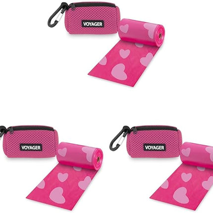 Best Pet Supplies Dog Poop Bag Holder Leash Attachment with 15 Bags, Fuchsia, Reusable Mesh Dispenser Pouch for Travel, Walking, Park, and Outdoor Use, Soft and Durable with Clip-On (Pack of 3)