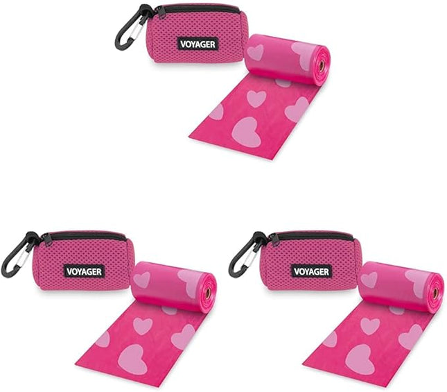 Best Pet Supplies Dog Poop Bag Holder Leash Attachment with 15 Bags, Fuchsia, Reusable Mesh Dispenser Pouch for Travel, Walking, Park, and Outdoor Use, Soft and Durable with Clip-On (Pack of 3)