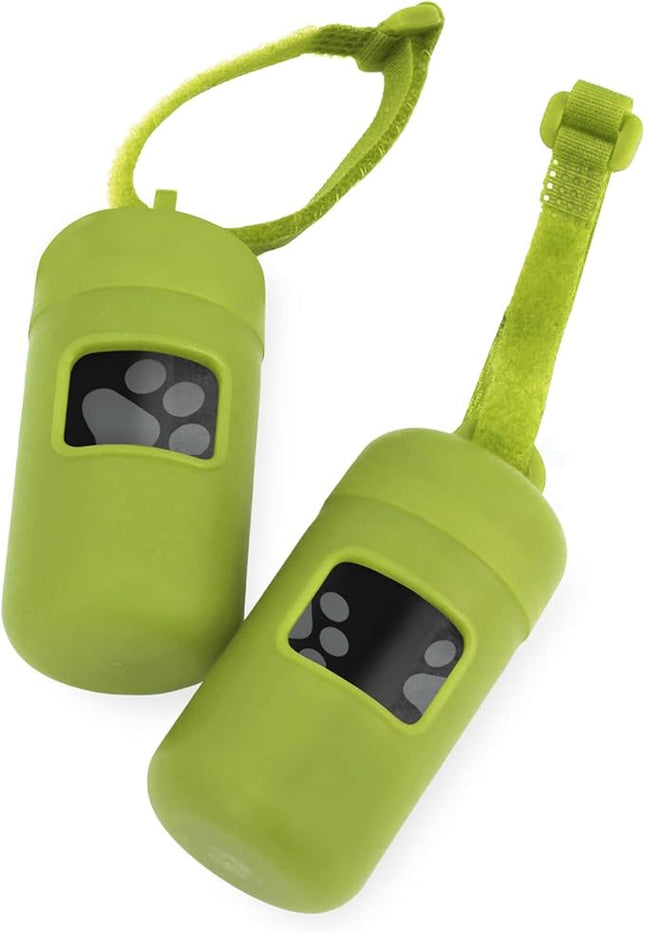 Best Pet Supplies Dog Poop Bag Holder Leash Attachment with 30 Bags, Reusable Dispenser for Travel, Walking, Park, and Outdoor Use, Durable with Clip-On - Lime Green, Pack of 2