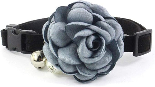 Everflowering Rose Flower Cat Dog Collar Bow Tie - Suede Puppy Necklace with Bell - Chihuahua Yorkie Girl Clothes Costume Outfits Accessory, Adjustable and Handmade (Blue, Size XS)