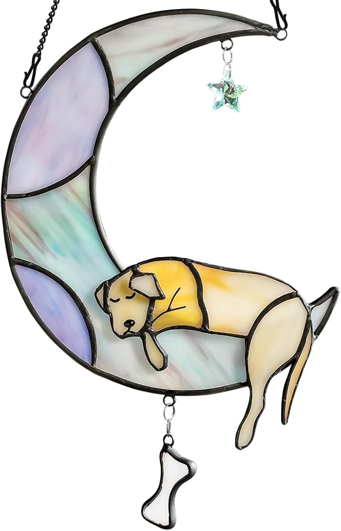 BOXCASA Dog Memorial Gifts Stained Glass Window Hangings,Dog on Moon Rainbow Bridge Decor Suncatchers,Dogs Bereavement Gifts for Loss of Pet,Loss of Pet Sympathy Gift for Pet Lover