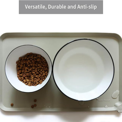 Hoki Found Silicone Pet Food Tray - Non Slip Pet Dog Cat Bowl Placemat - Feeding Mat - Waterproof Dog Cat Food Mats - For Carpet - Cream Green