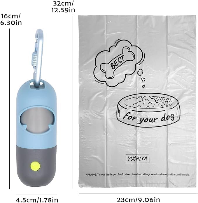 Dog Poop Bags Holder with LED Flashlight, Sky Blue, 15 Bags, 3 Accessories
