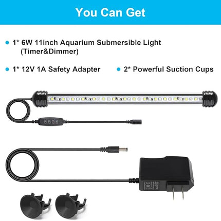 6W 11inch Submersible Aquarium Light Underwater Fish Tank Light LED Aquarium Light Bar with Timer Auto On/Off and Dimmer Adjustable Brightness, 1 Yr Warranty