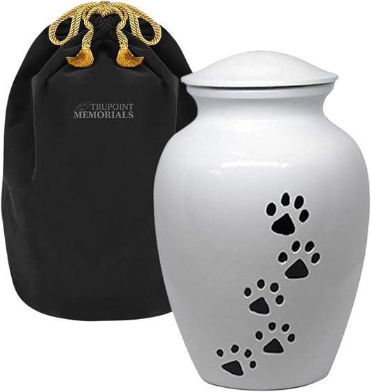 Trupoint Memorials Small Pet Urn for Dogs and Cats Ashes, Paws Print White Cremation Urns for Pets up to 17 lbs