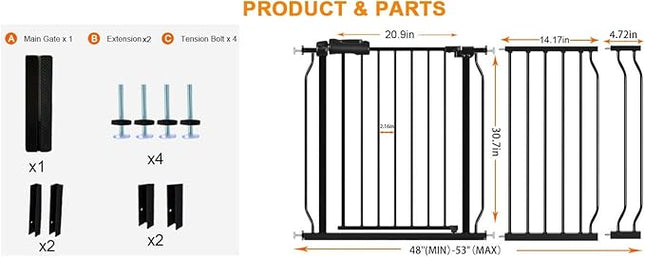 HOOEN 30" Tall Extra Wide Baby Gates for Doorways Stairs 48 to 53 Inch Long Large Pressure Mounted Dog Gates for The House Walk Through Gates Indoor Safety Child Gates for Kids or Pets