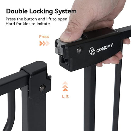 COMOMY 29.5-48.4" Baby Gate with Adjustable Cat Door,Extra Wide Metal Cat Gate for Stairs Doorways, Auto Close Dog Gate with Pet Door for House, Pressure Mounted Easy Walk Through (30" Tall, Black)