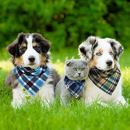 Honoson 6 Pieces Triangle Dog Bandana Dog Scarf Plaid Printing Adjustable Bibs Scarf Washable Square Kerchief Bandana Set for Small to Medium Puppy Cat(16.1 Inch,Mature Style)