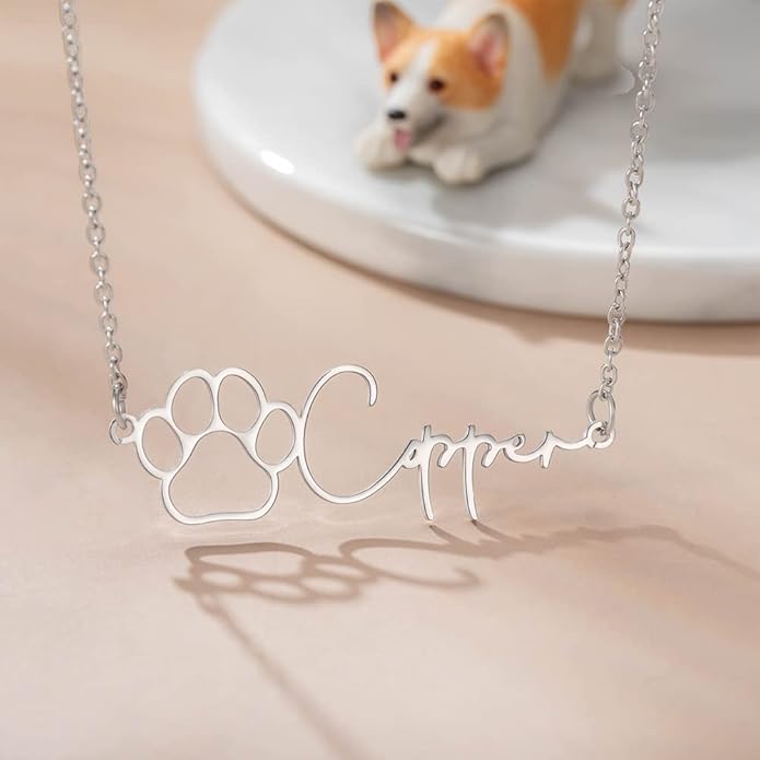 AILIN Custom Dainty Name Necklace Stainess Steel Memorial Pet Necklace For Women Personalized Dog Paw Print Pendant Necklace Anniversary Birthday Gift for Pet Loss Lovers