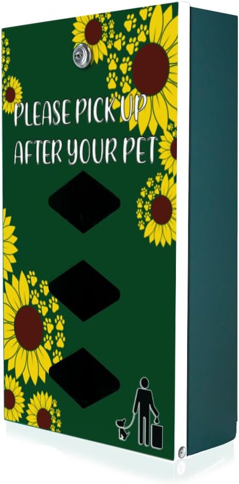Dispense-Art™ Collection Sunflower - Custom UV Printed Design on Rust-Proof Aluminum Starter Dog Waste Station/roll Bag System - Includes 400 Dog Waste Bags & 10x12 Sign