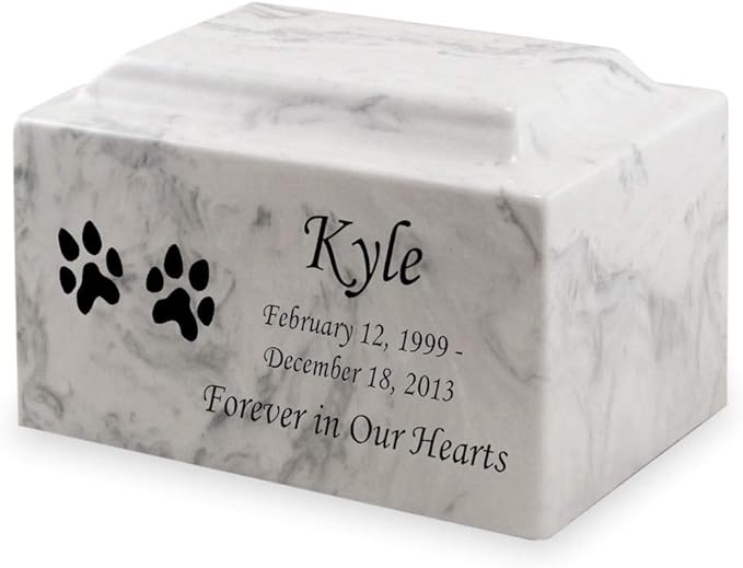 Mainely Urns Carerra Dog Paw Prints Pet Cremation Urn for Ashes - Personalize with Name, Date, and Sentiment - Cultured Marble - 100 Cubic Inch for a Pet Weighing up to 100 Pounds