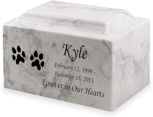 Carerra Dog Paw Prints Pet Cremation Urn for Ashes - Personalize with Name, Date, and Sentiment - Cultured Marble - 50 Cubic Inch for a Pet Weighing up to 50 Pounds