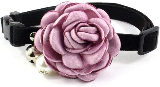 Everflowering Rose Flower Cat Dog Collar Bow Tie - Suede Puppy Necklace with Bell - Chihuahua Yorkie Girl Clothes Costume Outfits Accessory, Adjustable and Handmade (Purple, Size XS)